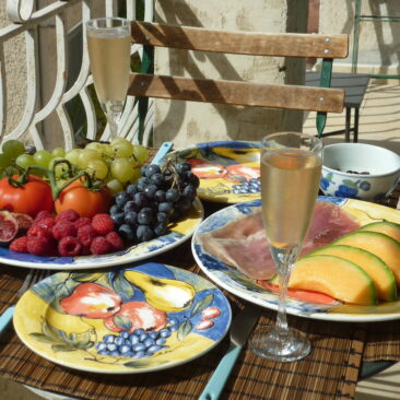 Lunch of fresh market produce on the balcony
